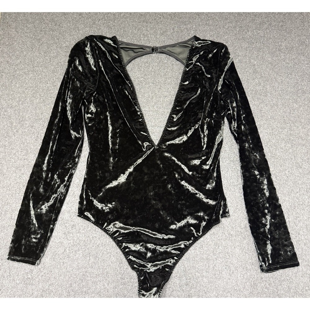 Victorias Secret Bodysuit Crushed Velvet Thong Black Plunge V-Neck Open Back M/L